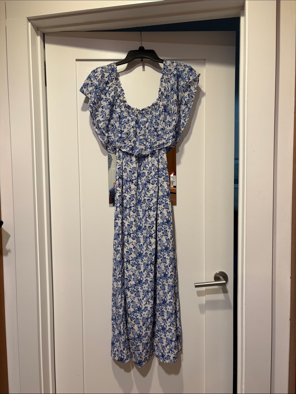 Rebecca Taylor White and Blue Floral Maxi Dress with Ruffle Neckline